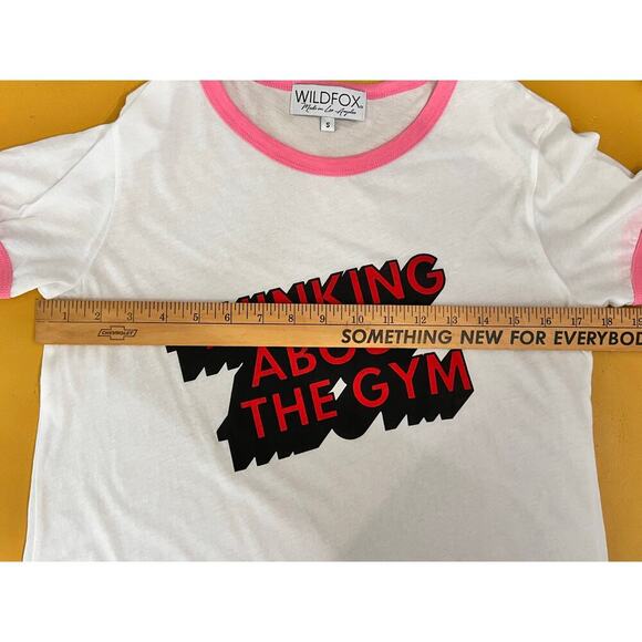 Wildfox Thinking About The Gym Ringer Short Sleeve Graphic Tee White Size S NWOT - Picture 5 of 7